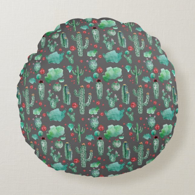 cactus and ladybug pattern - black background round pillow (Front)