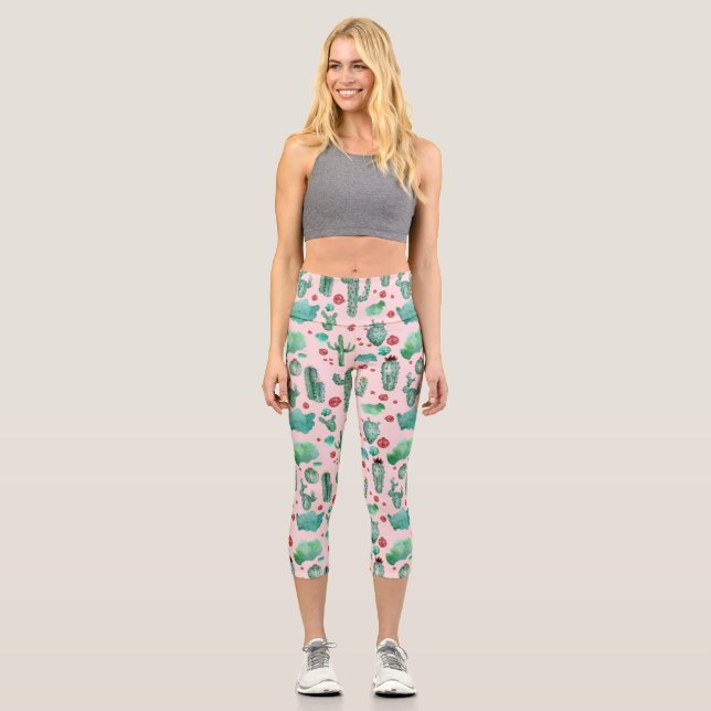 cactus and ladybug pattern - light pink background capri leggings (Front)