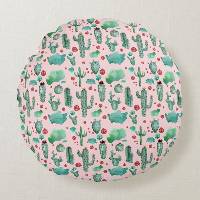 cactus and ladybug pattern - light pink background round pillow (Front)