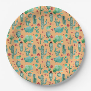 cactus and ladybug pattern - orange background paper plate