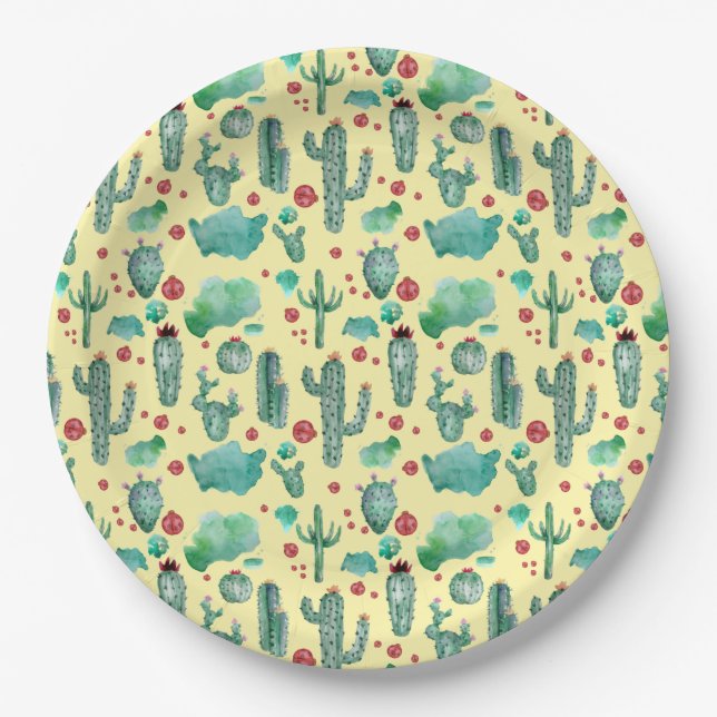 cactus and ladybug pattern - yellow background paper plate (Front)