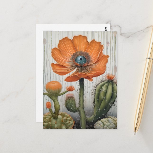 Cactus and Poppy With an Eyeball Postcard (Front/Back In Situ)