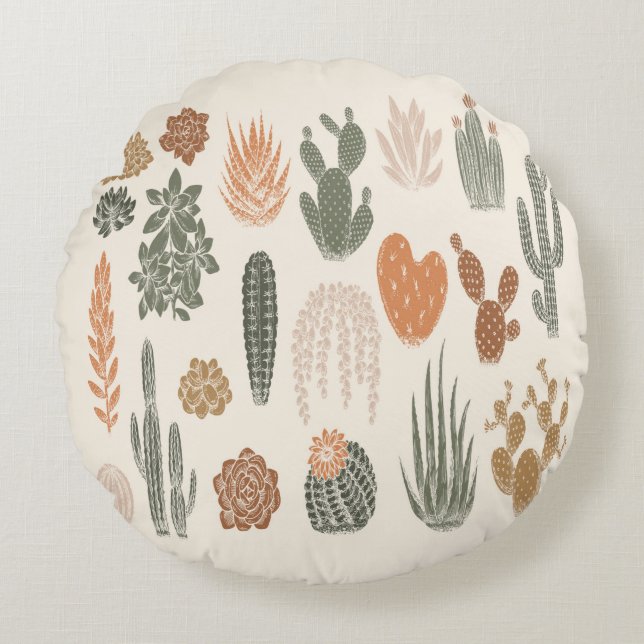 Cactus and succulent seamless pattern round pillow (Front)