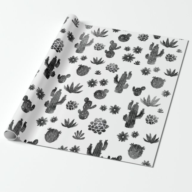 Cactus Black and White Wrapping Paper (Unrolled)