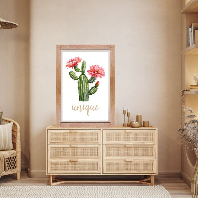 Cactus Blossom Watercolor Unique Desert Poster (Unique Desert Bloom Cactus Wall Art Print for personalize room decor)