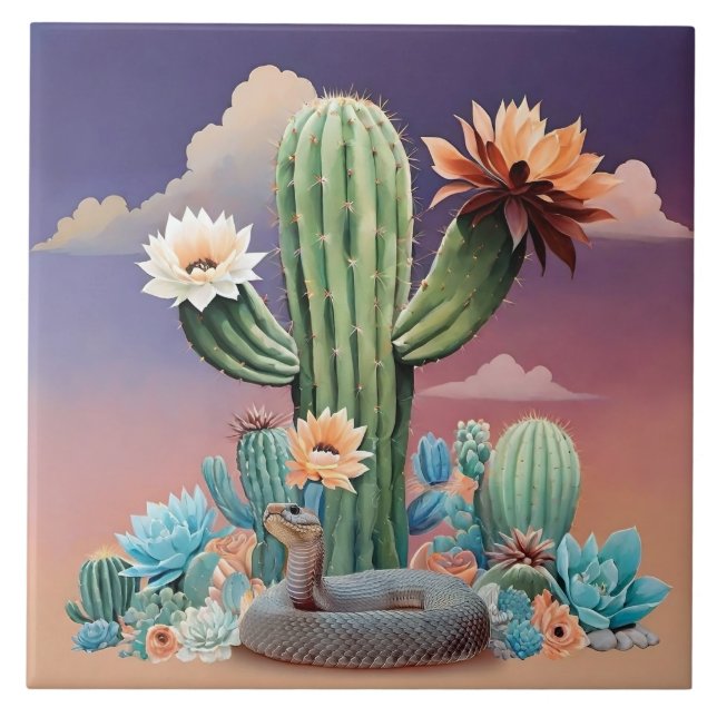 Cactus Blossoms Rattlesnake Desert Art Tile (Front)
