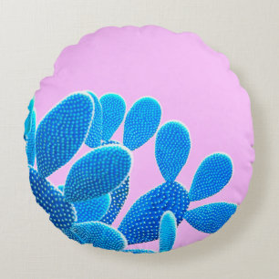 Cactus blue coloured on pink background. Fashion, Round Pillow