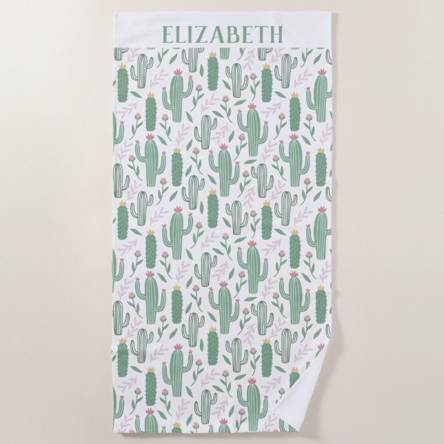 Cactus botanical pattern personalized beach towel (Front)