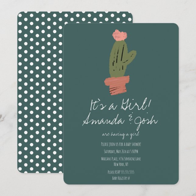 Cactus Bud Tropical Dots Girls Baby Shower Invitation (Front/Back)