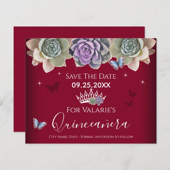Cactus Butterfly Elegant Quinceanera Save the Date (Front/Back)