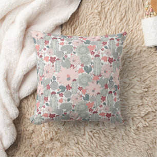 Cactus Cacti Pink Mint Succulents Desert Flowers Throw Pillow