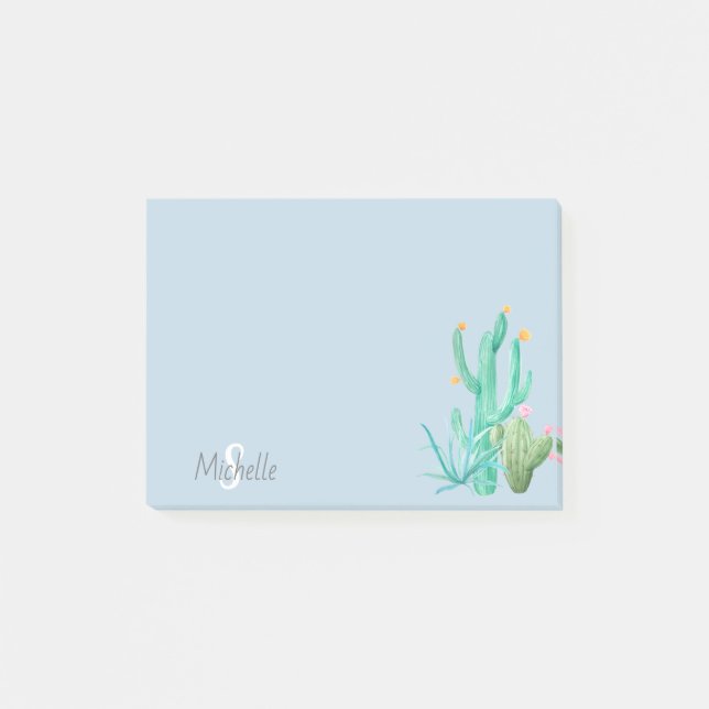 Cactus Cacti Succulent Southwest Blue Monogram Post-it Notes (Front)