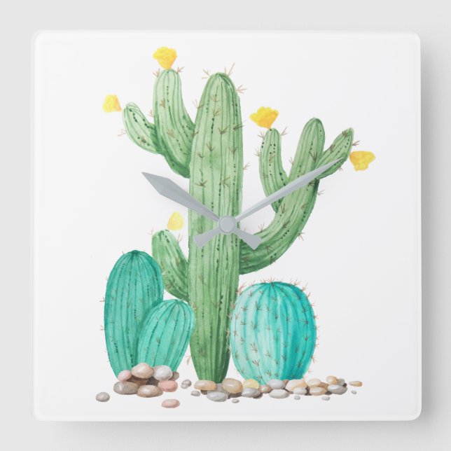 Cactus Cacti Succulent Southwest Desert Watercolor Square Wall Clock (Front)
