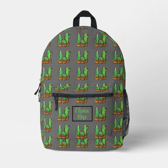 Cactus cacti succulents pattern grey personalize  printed backpack (Front)