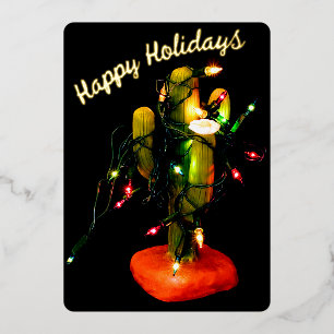 Cactus Candle Wrapped in Christmas Lights Foil Holiday Card