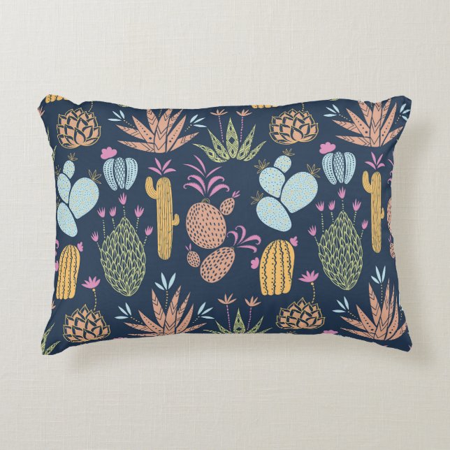 Cactus Charm: Colourful Vintage Floral Accent Pillow (Front)