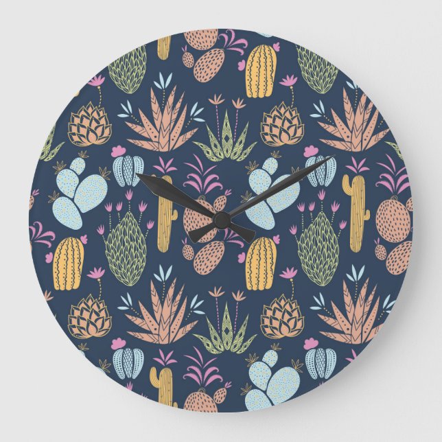 Cactus Charm: Colourful Vintage Floral Large Clock (Front)