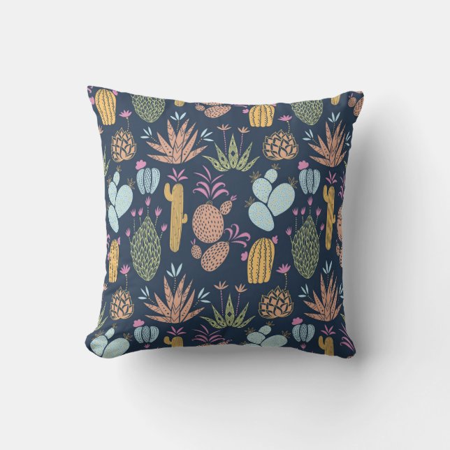Cactus Charm: Colourful Vintage Floral Throw Pillow (Front)