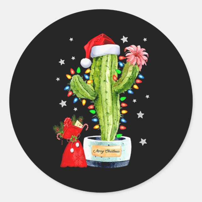 Cactus Christmas Sweater Lights Santa Xmas Plant L Classic Round Sticker (Front)