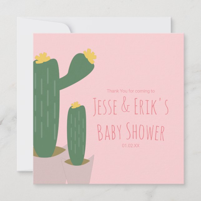 Cactus Cupcakes Pink Baby Shower Thank You Card (Front)