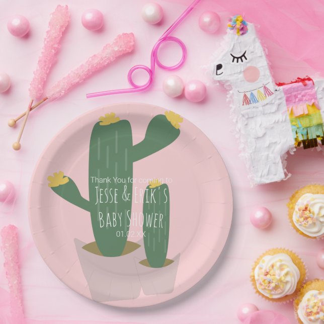 Cactus Cupcakes Pink Baby Shower Thank You  Paper Plate (Party)