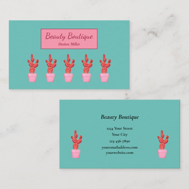 Cactus Cute Modern Teal Pink Beauty Boutique Business Card (Front/Back)