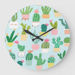 Cactus diversity, vintage seamless background. large clock