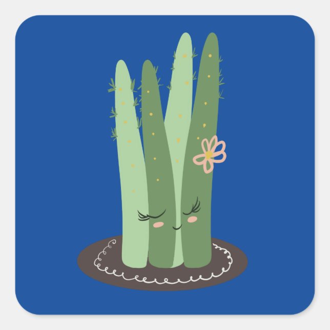 Cactus Doodle Cartoon Funny Green Square Sticker (Front)