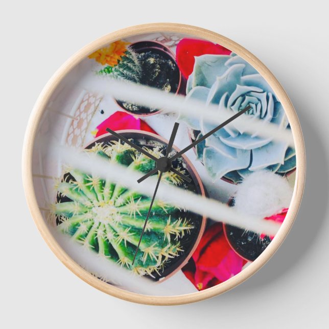 Cactus et cage à oiseaux Horloge ronde (Recto)