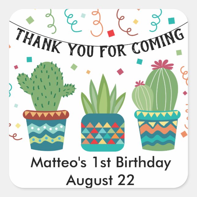 Cactus Fiesta Birthday Party First Year One Year Square Sticker (Front)