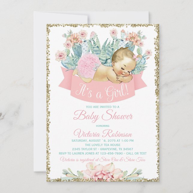Cactus Fiesta Blonde Girl Baby Shower Invitation (Front)