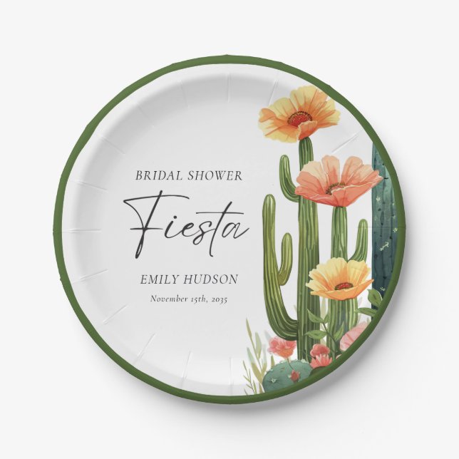Cactus Fiesta Floral Bridal Shower Paper Plate (Front)