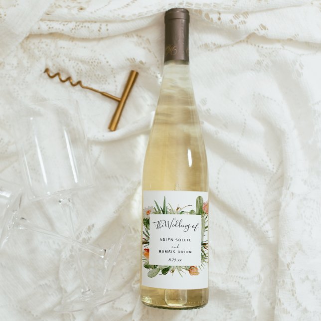 Cactus Floral Desert Wedding Wine Label (Creator Uploaded)