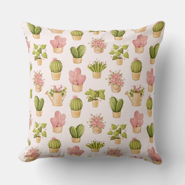 Cactus Floral Garden Repeat Pattern Art Throw Pillow (Front)