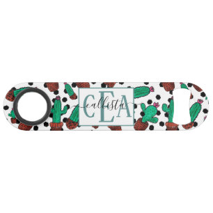 Cactus Floral Hexagon Pattern Watercolor Monogram Bar Key