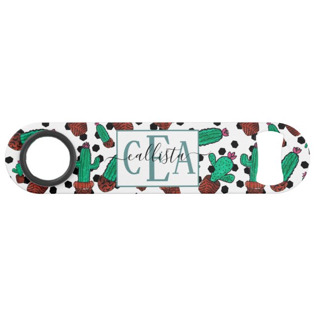 Cactus Floral Hexagon Pattern Watercolor Monogram Bar Key (Front (Horizontal))