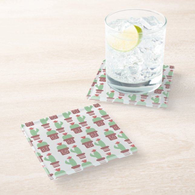 Cactus Floral Pot Pattern Pink Green  Glass Coaster (Angled)