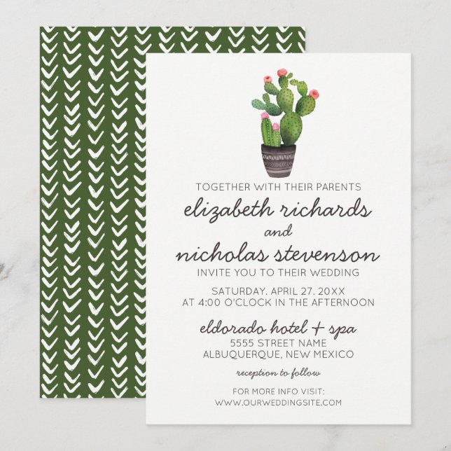 Cactus floraux roses - Invitation au mariage (Devant / Derrière)