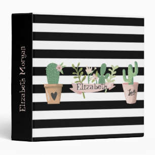 Cactus Flower Black White Stripes Binder