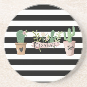Cactus Flower Black White Stripes Coaster