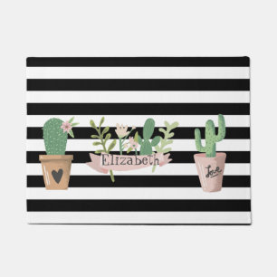 Cactus Flower Black White Stripes  Doormat
