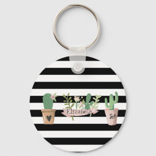 Cactus Flower Black White Stripes Keychain