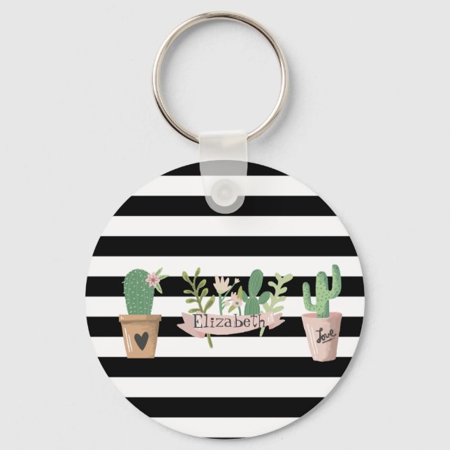 Cactus Flower Black White Stripes Keychain (Front)