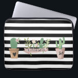Cactus Flower Black White Stripes Laptop Sleeve<br><div class="desc">Adorable watercolor cactus on black and white stripes with your name.Select the costume button to change the font style,  colour and size.Unique gift for the trendanista and fashion lover.</div>