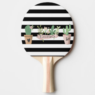 Cactus Flower Black White Stripes Ping Pong Paddle