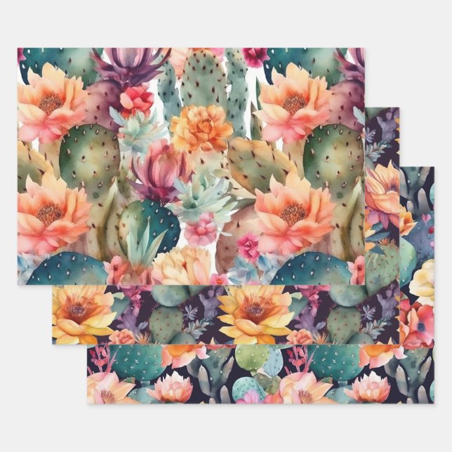 Cactus flower desert botanical floral pattern wrapping paper sheet (Set)