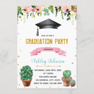 Cactus flower graduation invitation