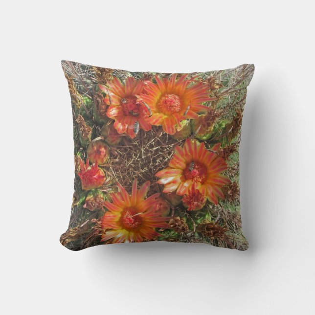 Cactus Flowers Bright Orange Floral Southwest Throw Pillow (Front)