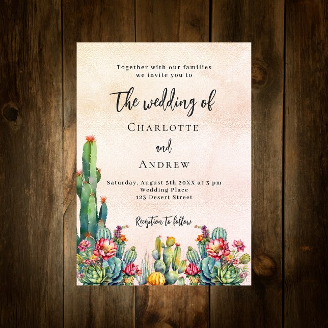 Cactus flowers rustic rose gold wedding invitation postcard (Creator Uploaded)