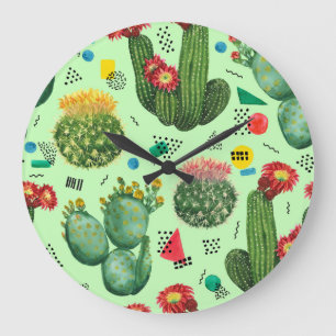 Cactus Flowers: Watercolor Geometric Background. Large Clock